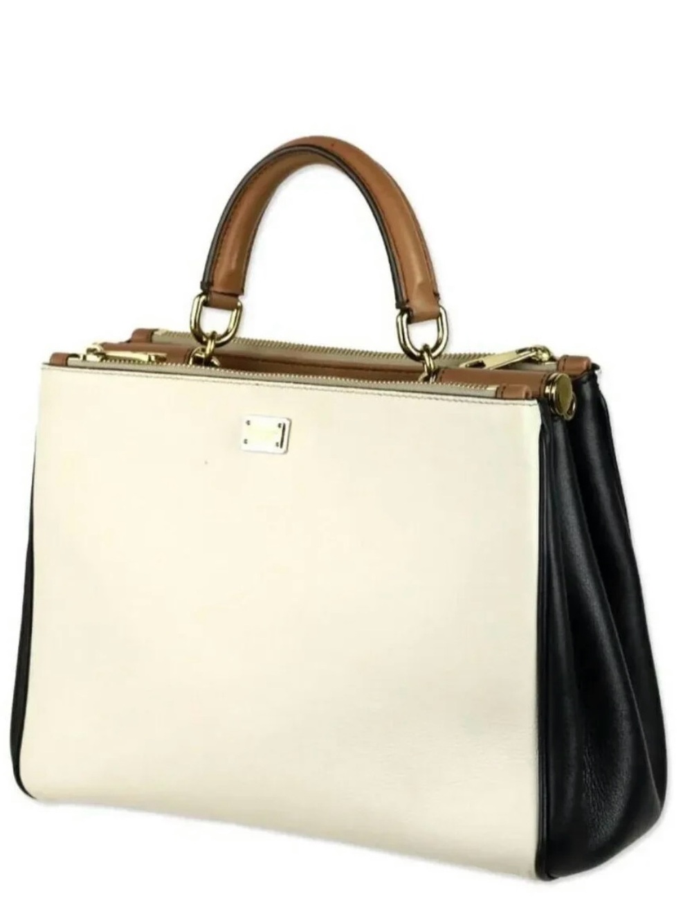 Dolce & Gabbana Two-Tone Leather Satchel in Cream, Black & Tan